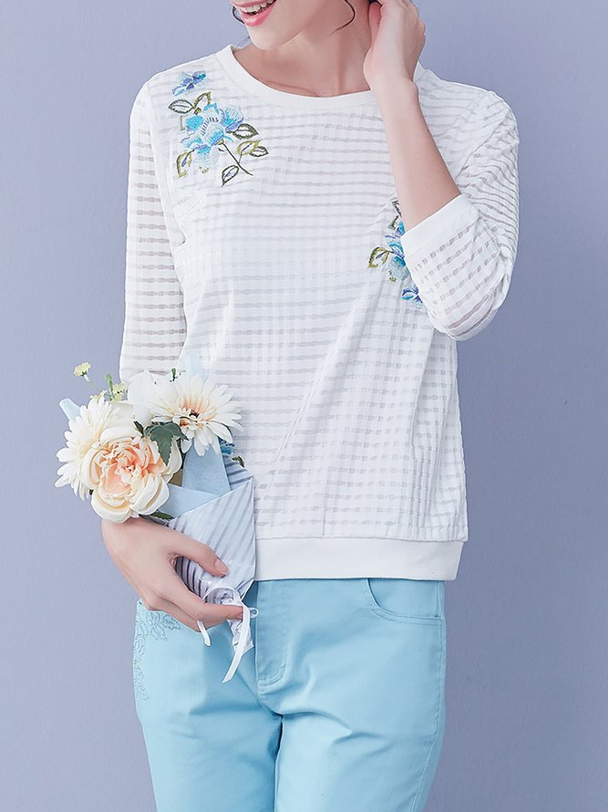 3/4 Sleeve Floral Cotton-blend Casual Embroidered Blouse
