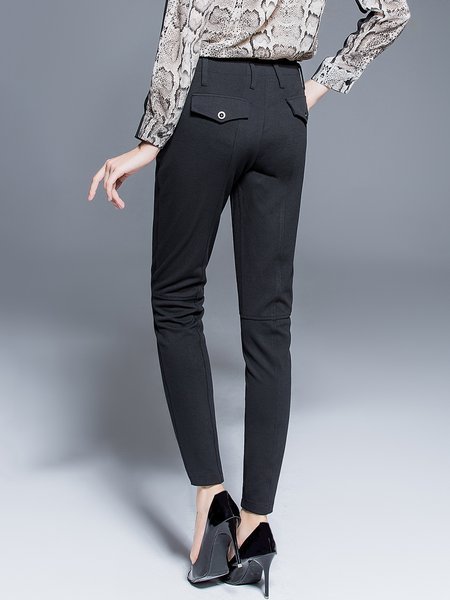 Black Plain Work Polyester Buttoned Skinny Leg Pants