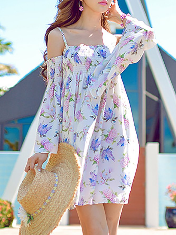 Beach Floral Print Long Sleeve Mini Dress