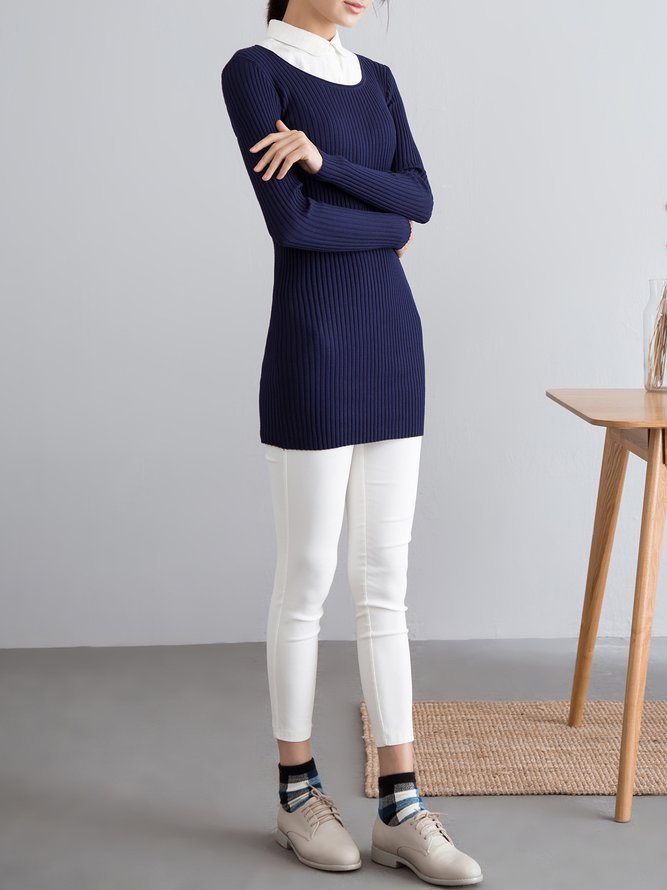 Knitted Plain Casual Crew Neck Sweater