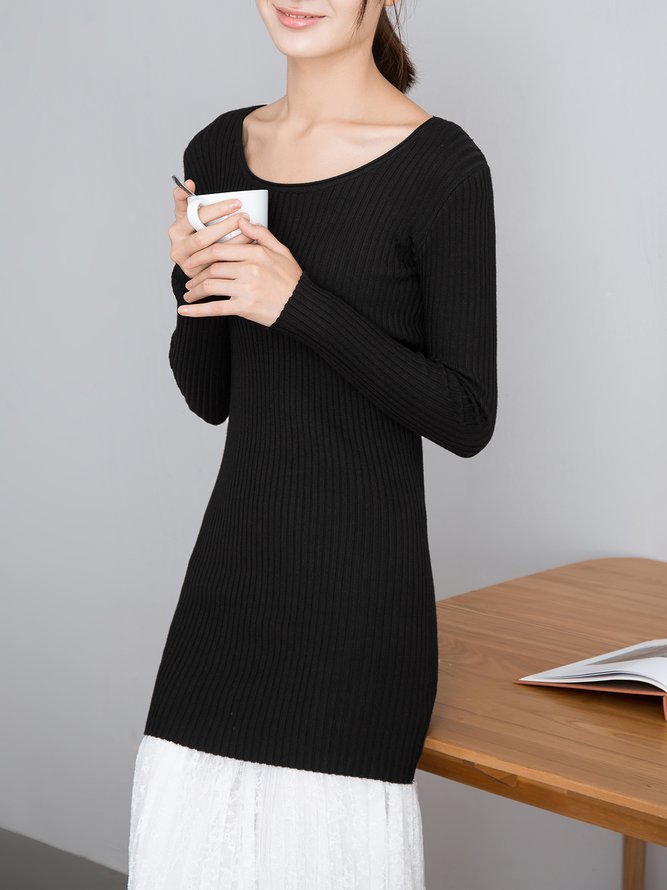 Knitted Plain Casual Crew Neck Sweater