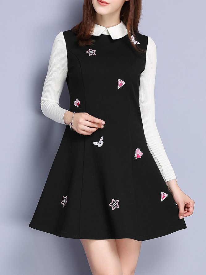 Black Embroidered A-line Shirt Collar Long Sleeve Mini Dress