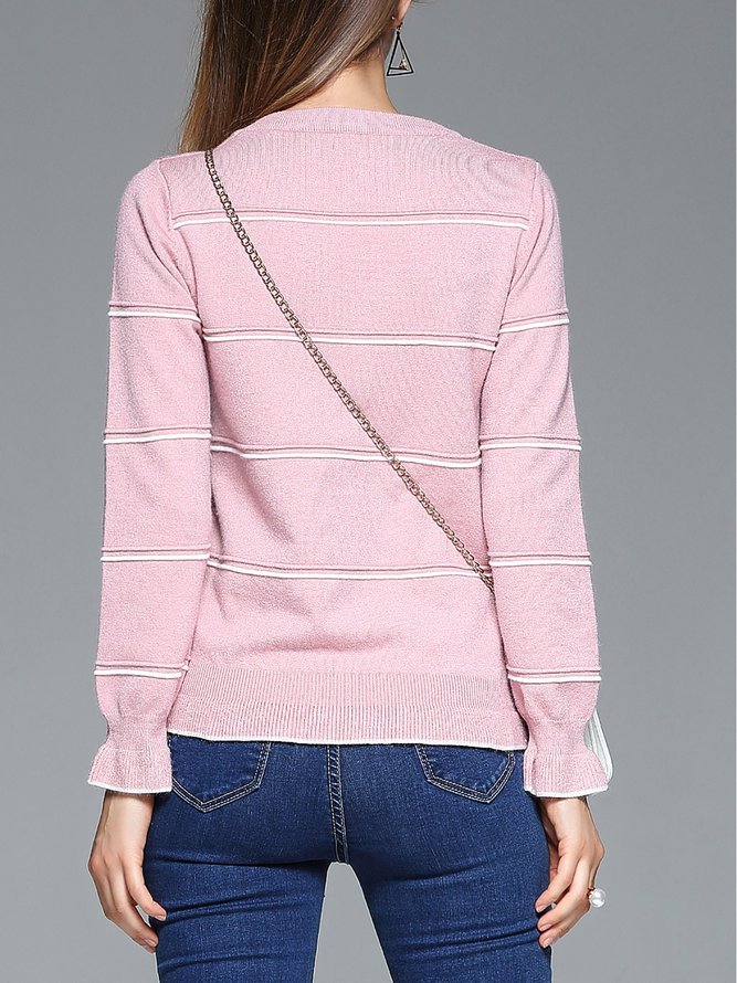 Pink Long Sleeve Crew Neck Knitted Plain Casual Long Sleeved Top