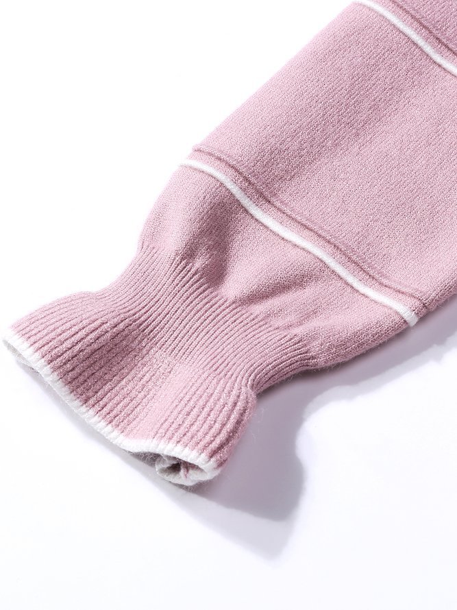 Pink Long Sleeve Crew Neck Knitted Plain Casual Long Sleeved Top