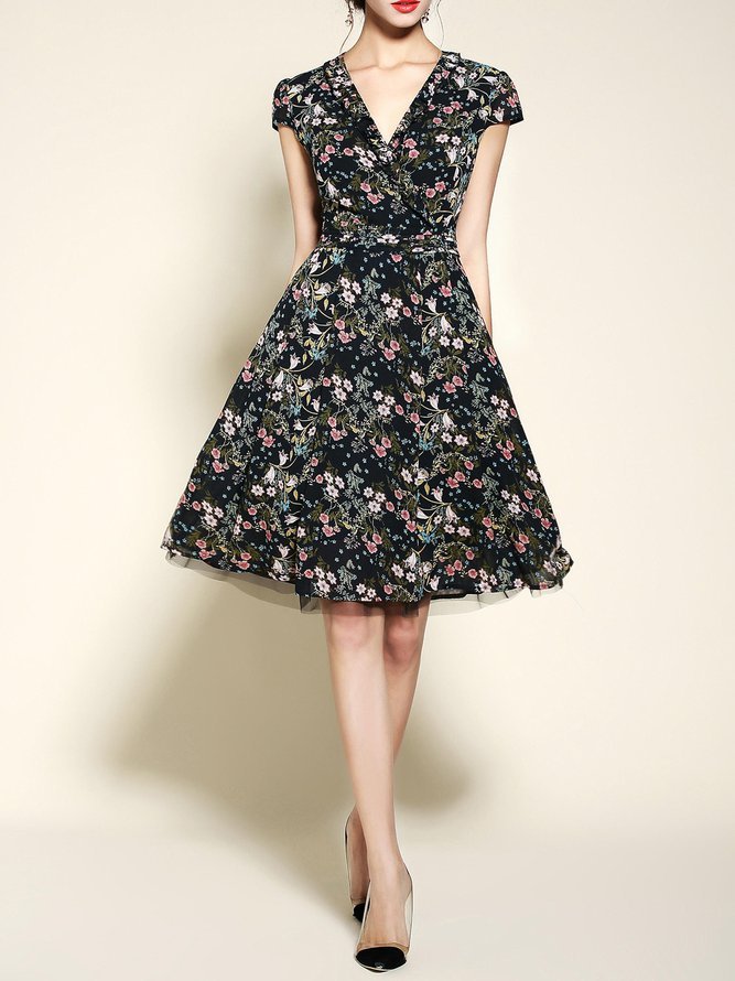 Navy Blue V Neck Vintage Floral-print A-line Midi Dress