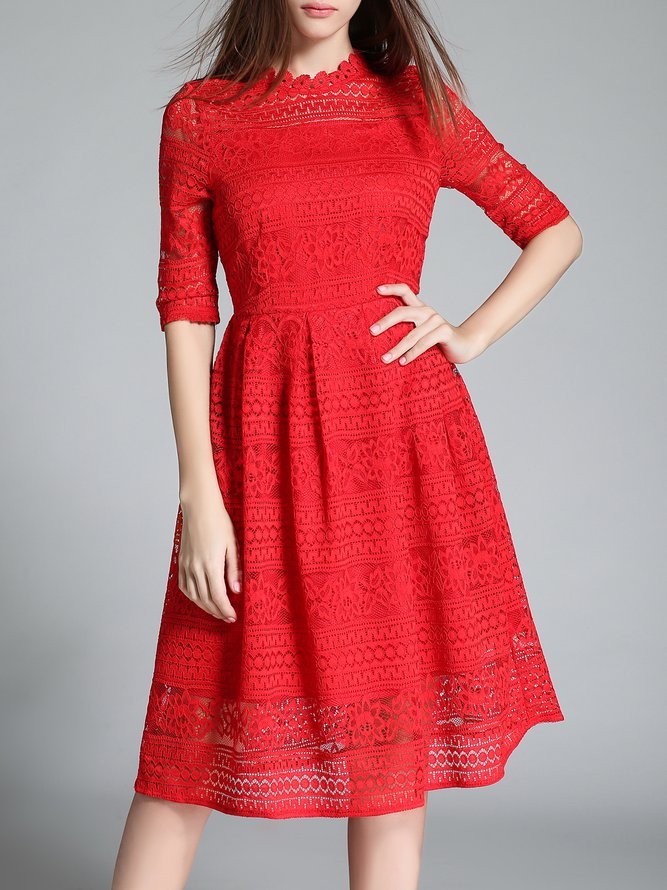 Short Sleeve Lace Guipure Casual A-line Midi Dress