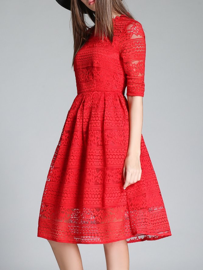 Short Sleeve Lace Guipure Casual A-line Midi Dress