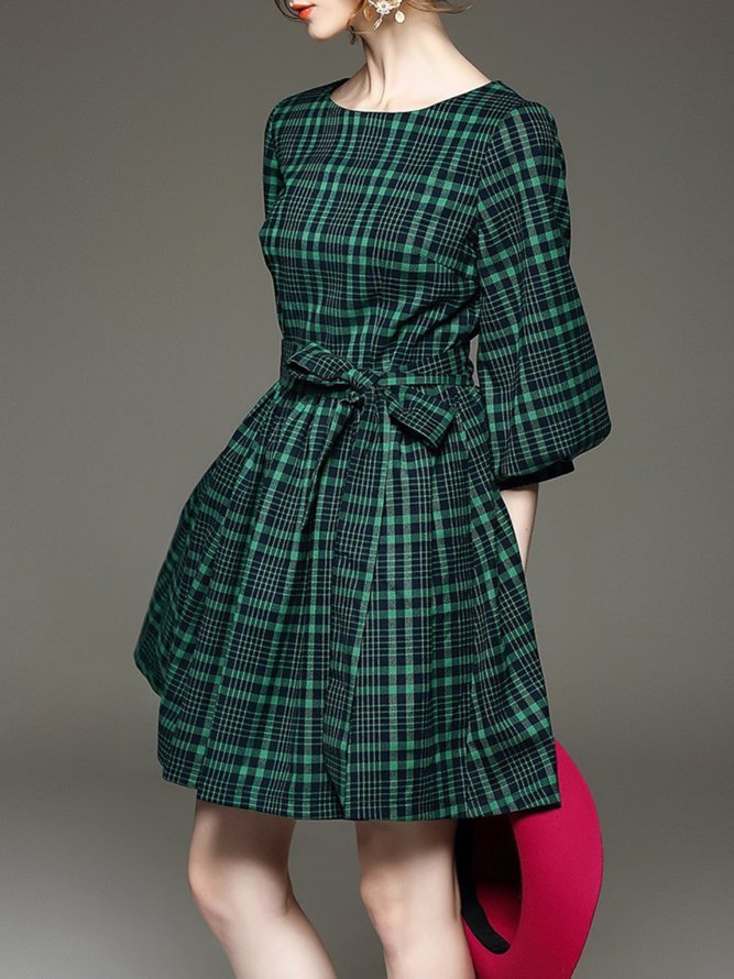 Green Cotton-blend Checkered/Plaid Girly Big Hem Dress Mini Dress