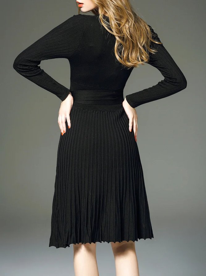 Black Pleated Long Sleeve Plain Cotton Midi Dress