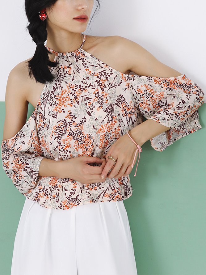 Casual Printed Cold Shoulder Cropped Top