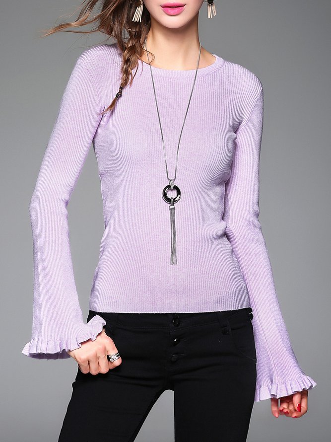 Ruffled Bell Sleeve Knitted Crew Neck Sweater