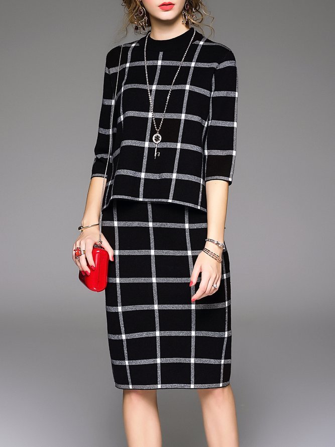 Black Knitted 3/4 Sleeve Two Piece Midi Dress