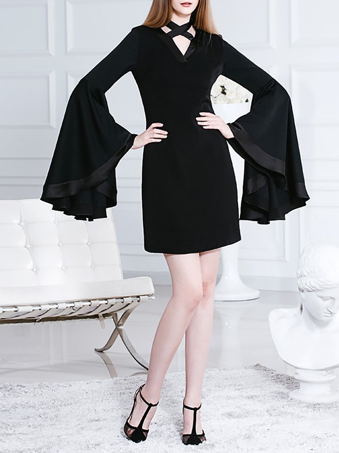 Black Plain Vintage V Neck Bodycon Mini Dress