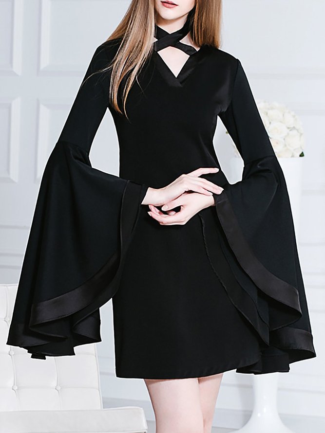 Black Plain Vintage V Neck Bodycon Mini Dress