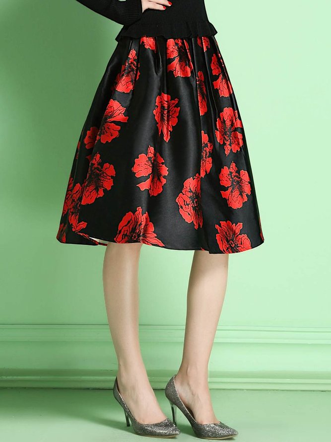 Black Vintage Floral Polyester Midi Skirt