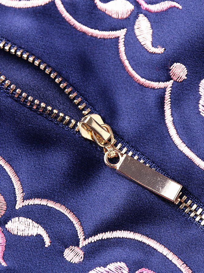 Blue Zipper Elegant Embroidered Midi Dress
