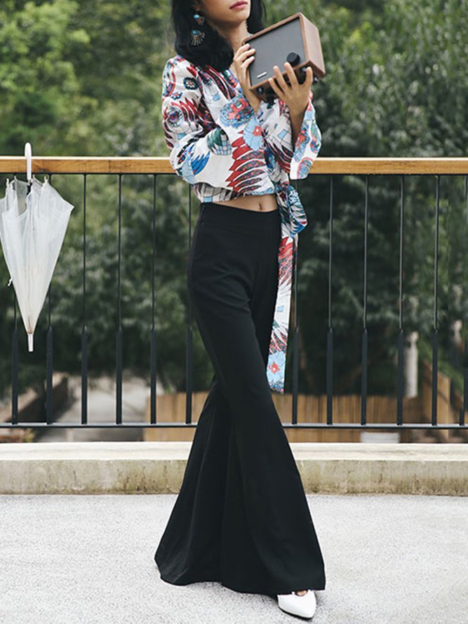 Multicolor V Neck Long Sleeve Printed Cropped Top