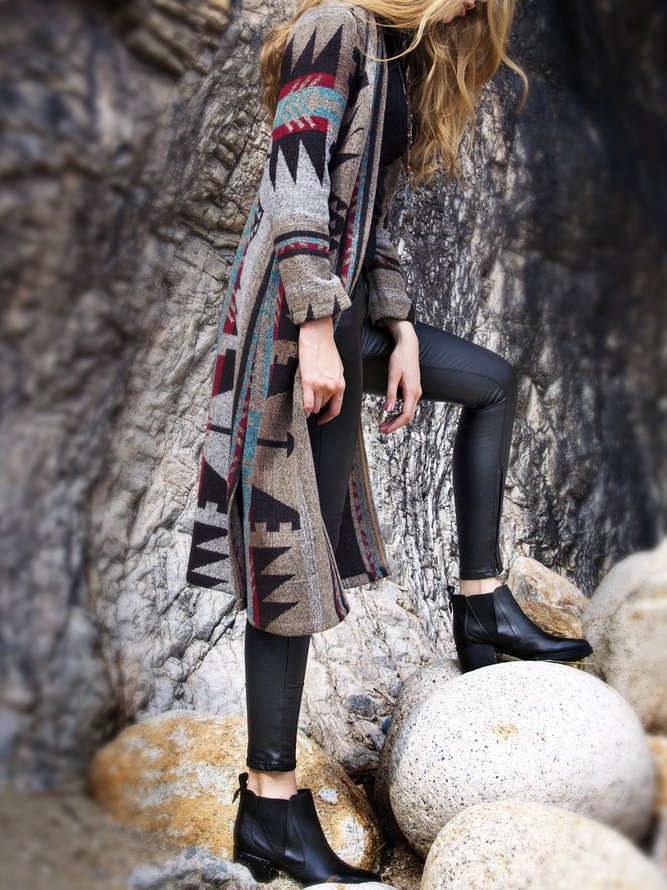 Gray Long Sleeve Wool Knitted Tribal Coat stylewe