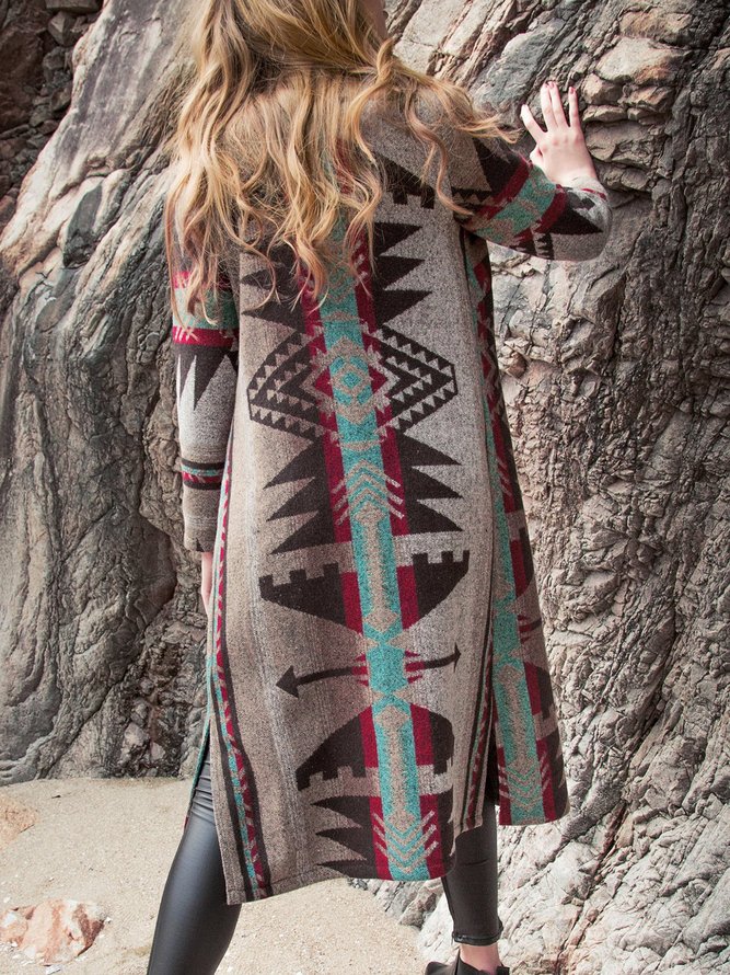 Gray Long Sleeve Wool Knitted Tribal Coat