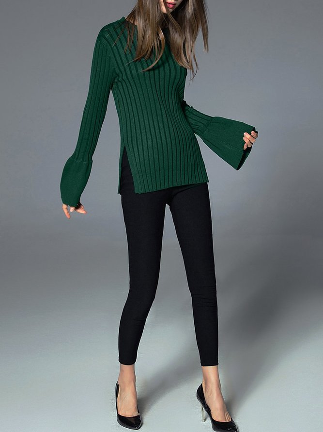 Dark Green Plain Long Sleeve Knitted Sweater