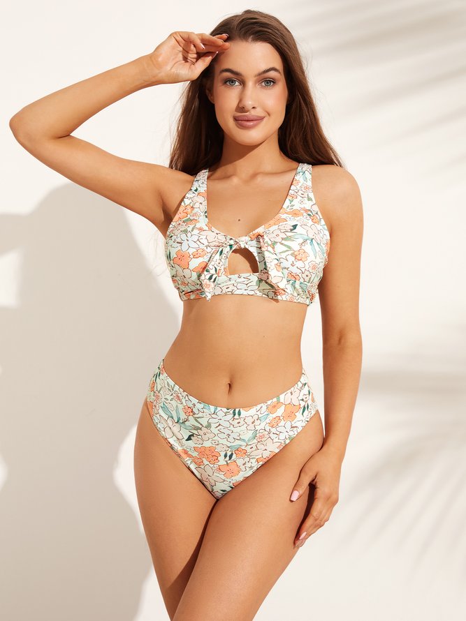 Vacation Floral Printing Hollow Out Scoop Neck Bikinis Two-Piece Set