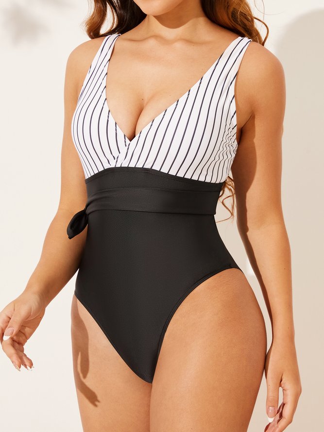 Vacation Striped Printing V Neck One Piece Swimsuit