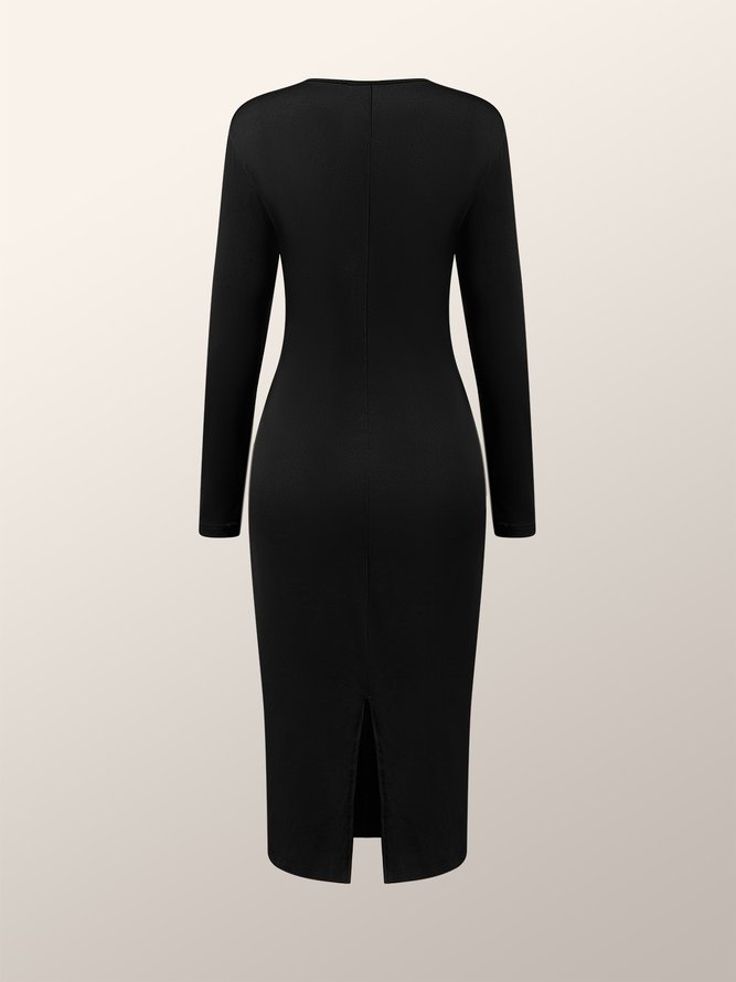 Black Daily Long sleeve Regular Fit Boat Neck Dress