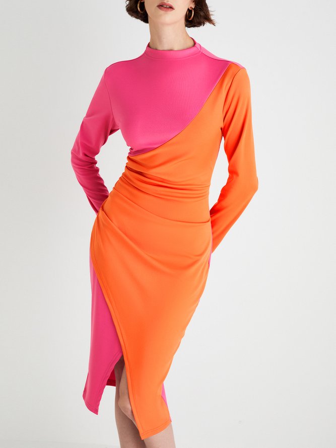 Long Sleeve Tight Color Block Elegant Midi Dress