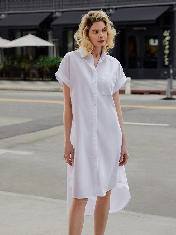 Daily Solid Simple Short Sleeve Shirt Collar  Dress
