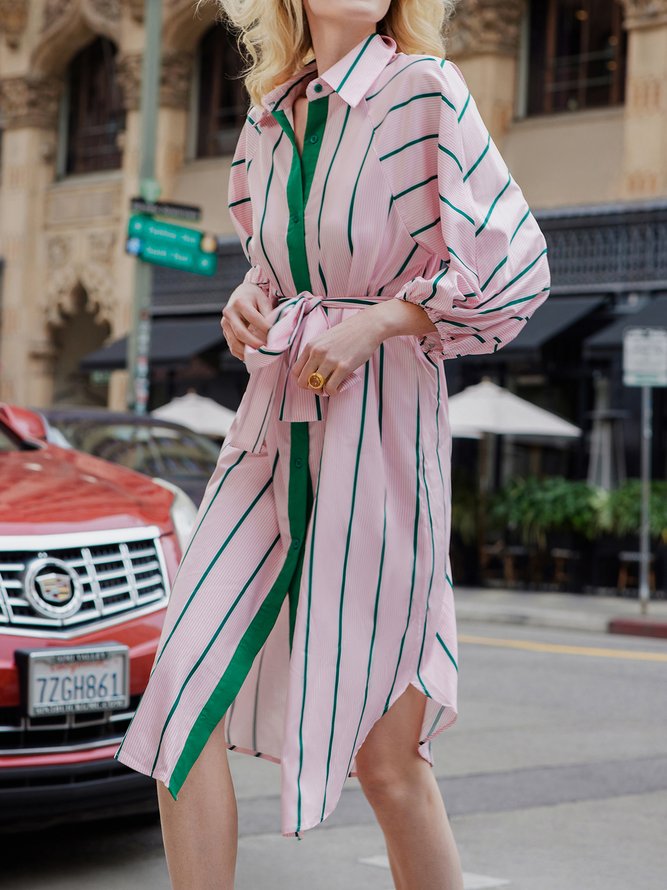 Stylewe Elegant Loosen Shirt Collar Striped Color Block  Dress