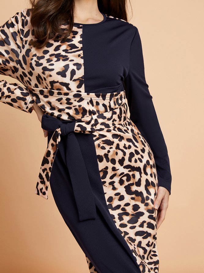 Leopard Print Slit Back Belted Bodycon Dress