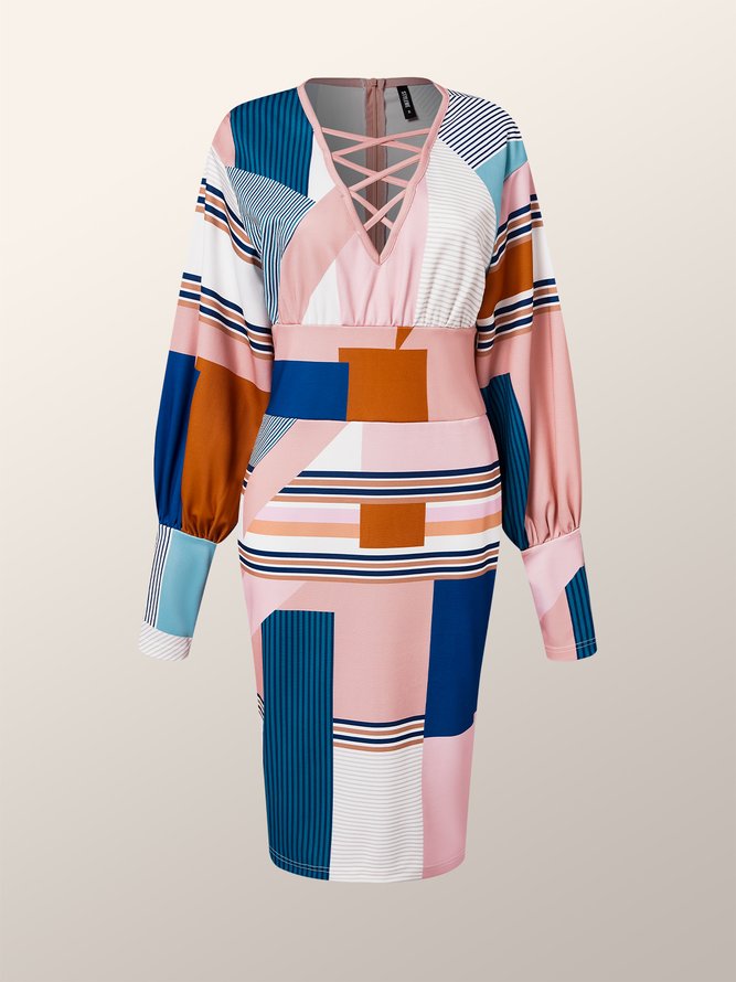 Regular Fit Elegant Geometric V Neck Long Sleeve Midi Dress