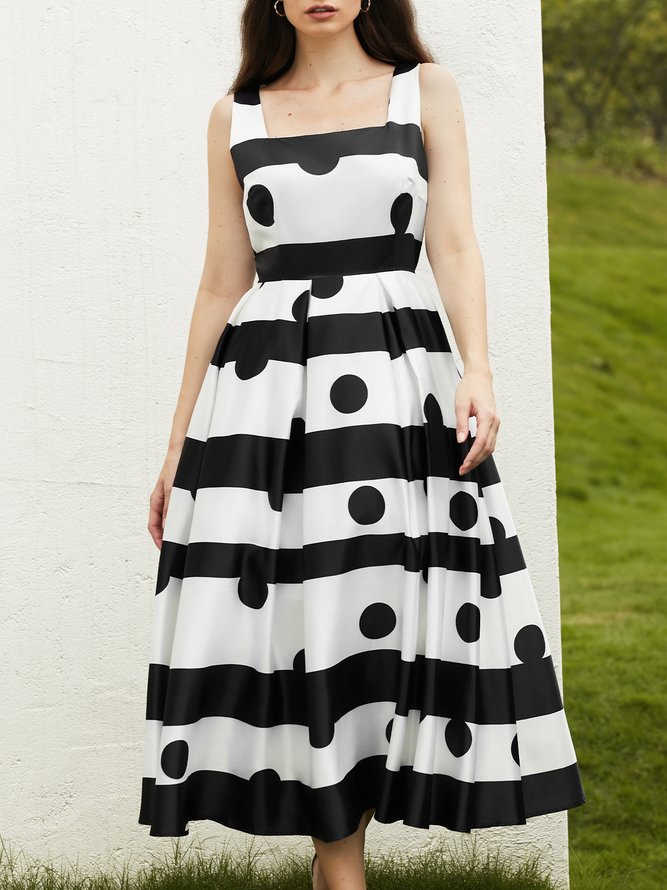 Polka Dots Sleeveless Square Neck Regular Fit Elegant Midi Party Dress
