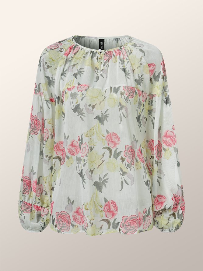 Floral Crew Neck Vacation Blouse