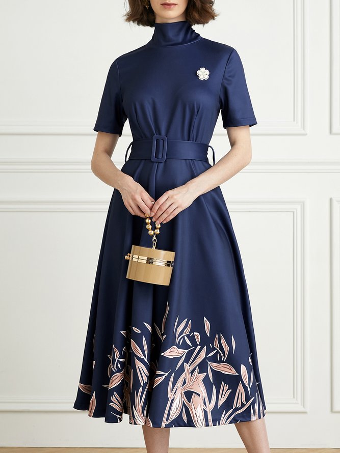 Stand Collar Elegant Floral Short Sleeve  Dress