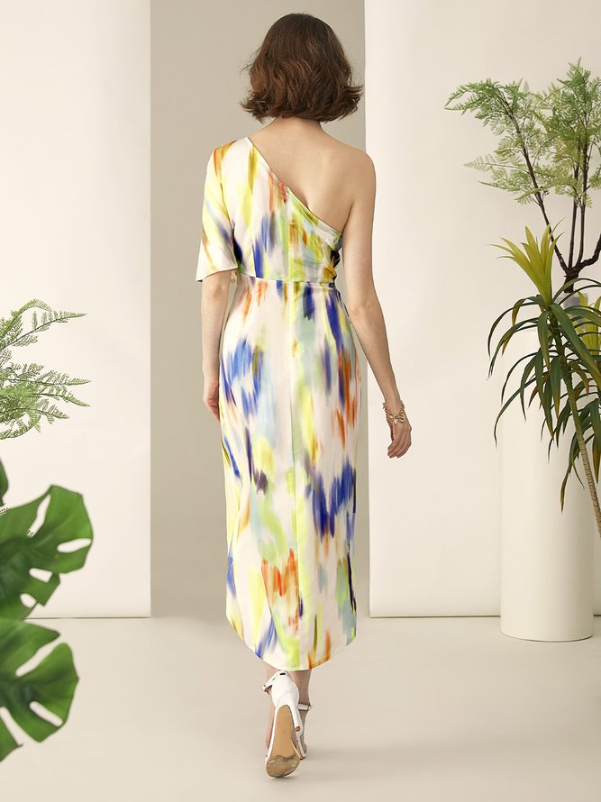 Abstract Asymmetrical Regular Fit Short sleeve Elegant Midi Dress