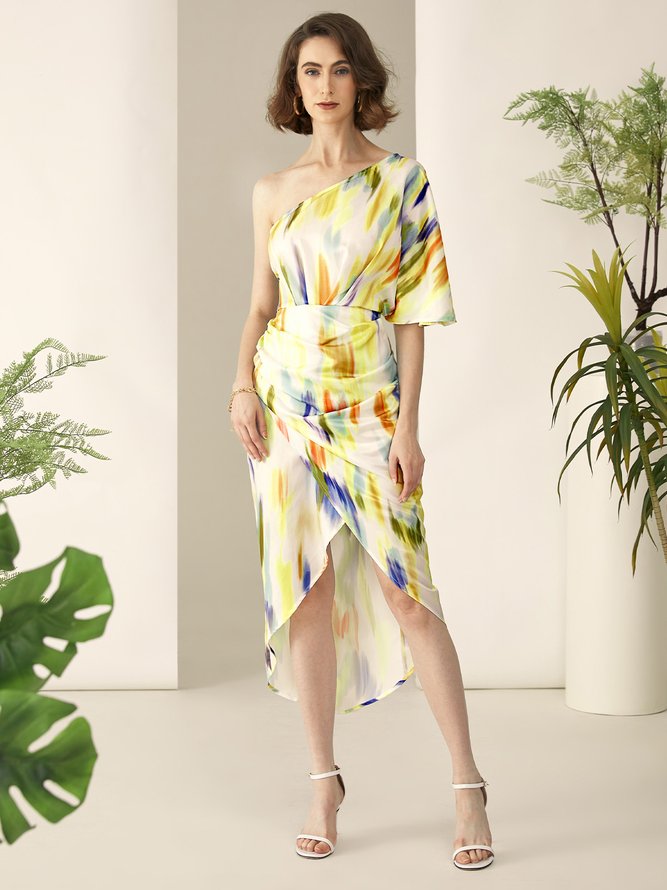 Abstract Asymmetrical Regular Fit Short sleeve Elegant Midi Dress