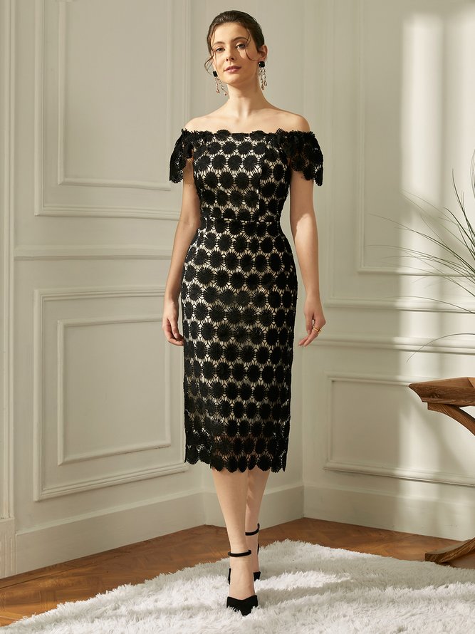 Square Neck Short sleeve Polka Dots Elegant Regular Fit Midi Dress