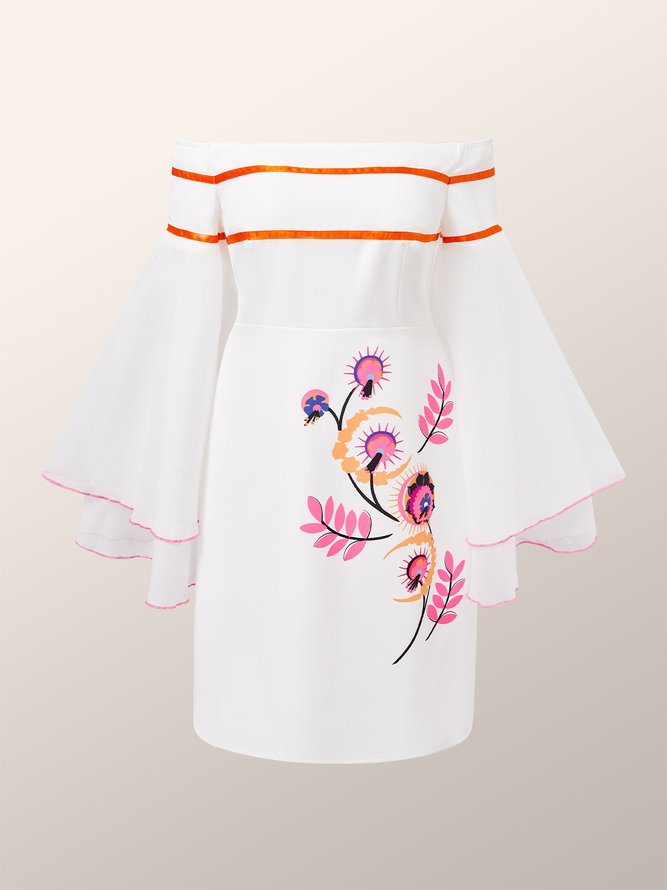 Floral Ruffled Sleeves Vacation Boat Neck Dress