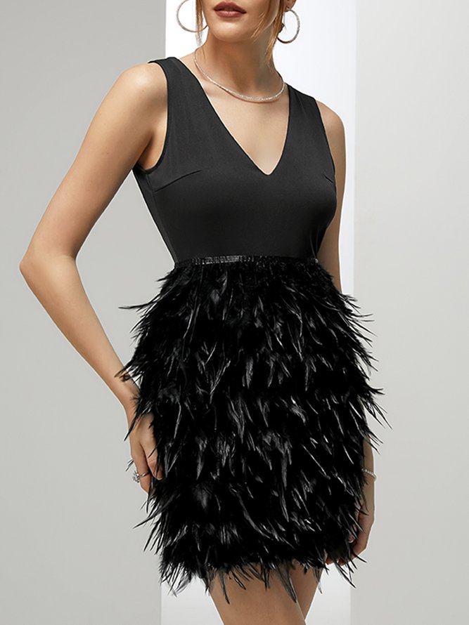 Crew Neck Feather-Trimmed Elegant Party Dress