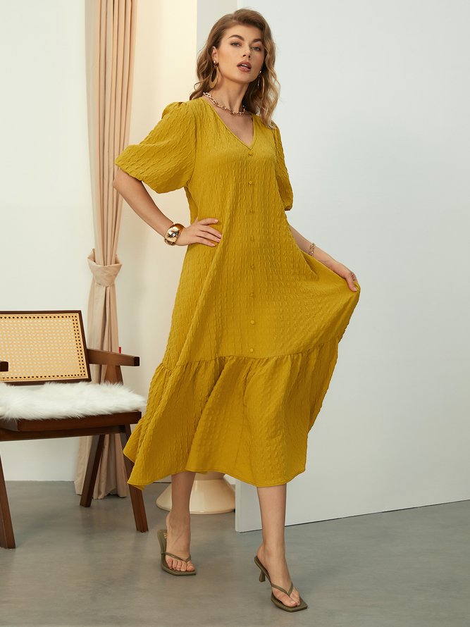 Loose Vacation V neck Short sleeve Plain Long Dress stylewe