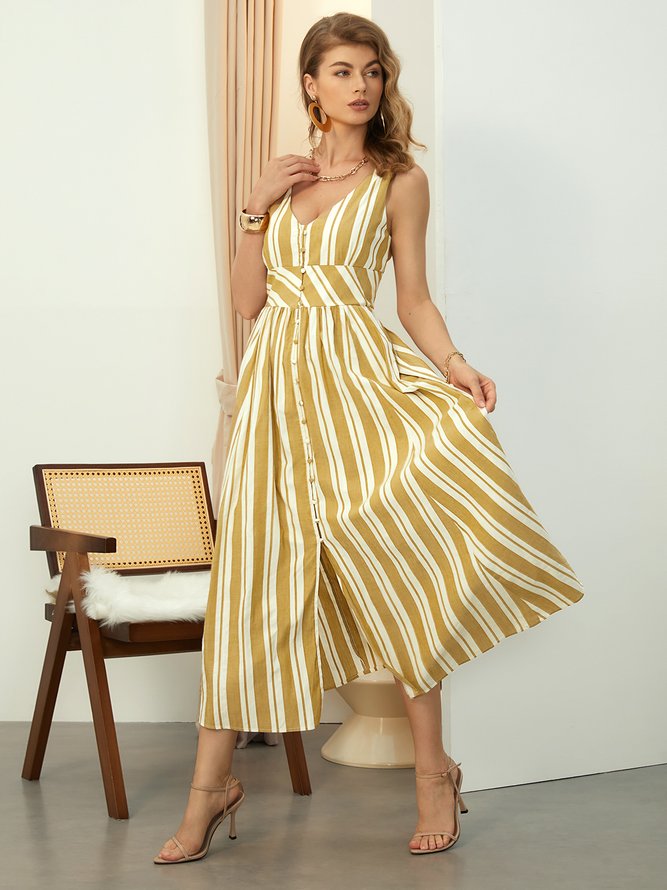 Stylewe Striped Dress Vacation V Neck Sleeveless Dress