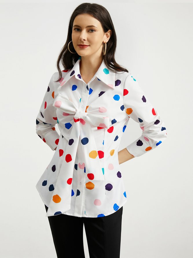 Long sleeve Shirt Collar Urban Polka Dots Blouse