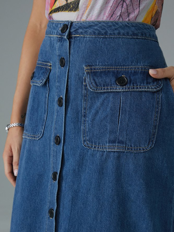 Casual Regular Fit Plain  Pockets Denim Skirt