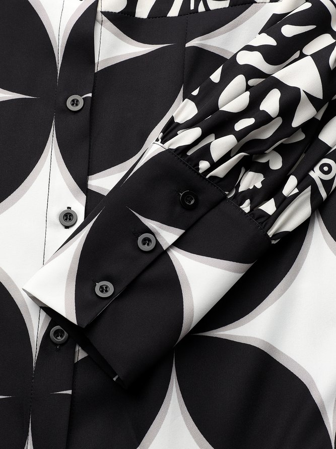 Regular Fit Geometric Shirt Collar Long Sleeve Elegant Maxi Dress