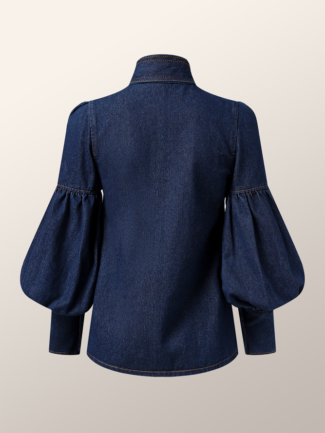 Lightweight Stand Collar Urban Loose Long sleeve Denim Blouse stylewe