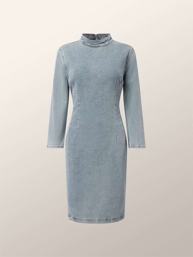 Stand Collar Plain Elegant Denim Dress stylewe