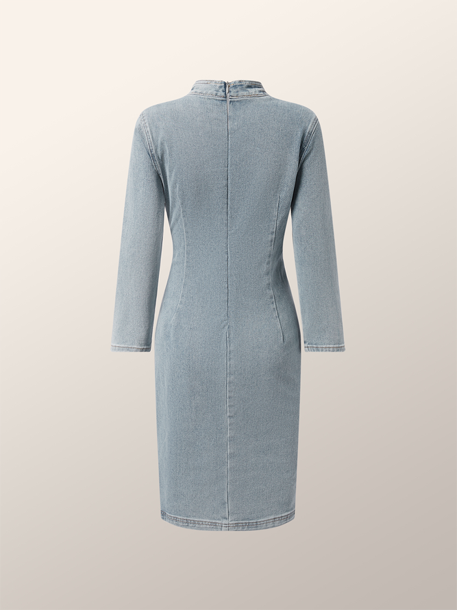 Stand Collar Plain Elegant Denim Dress stylewe
