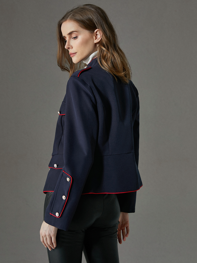 Stand Collar Color Block Long Sleeve Regular Fit Elegant Jacket  Brooch not included