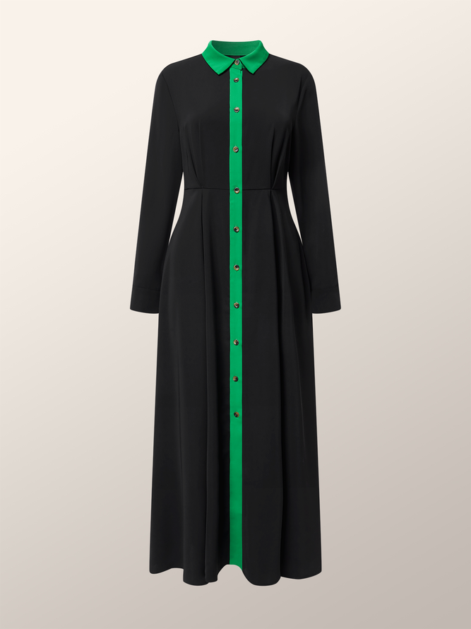 Regular Fit Elegant Color Block Long Sleeve Maxi Dress With No Belt